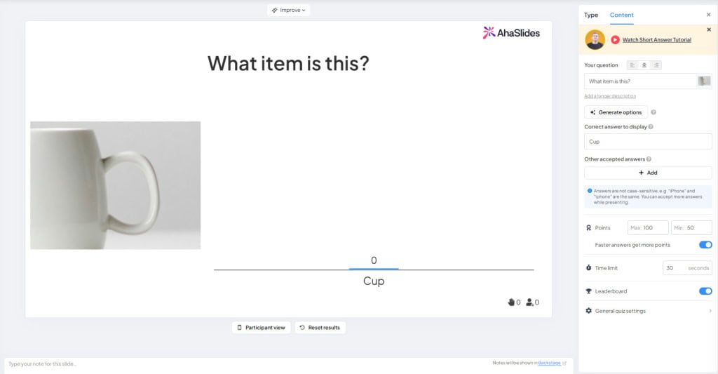 AhaSlides picture zoom quiz slide with a cropped image and answer options