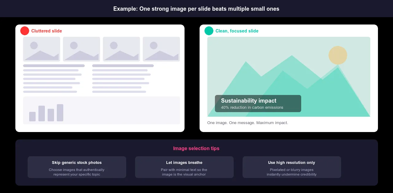 Comparison of a cluttered slide with multiple small images versus a clean focused slide with one strong image showing better visual impact