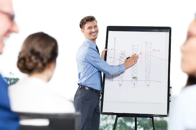 A businessman using open body language and hand gestures while presenting a bar chart to colleagues