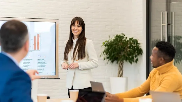 A female team leader presenting confidently at a business meeting, demonstrating authentic speaking style