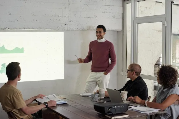 Business coach practicing a presentation in front of a whiteboard