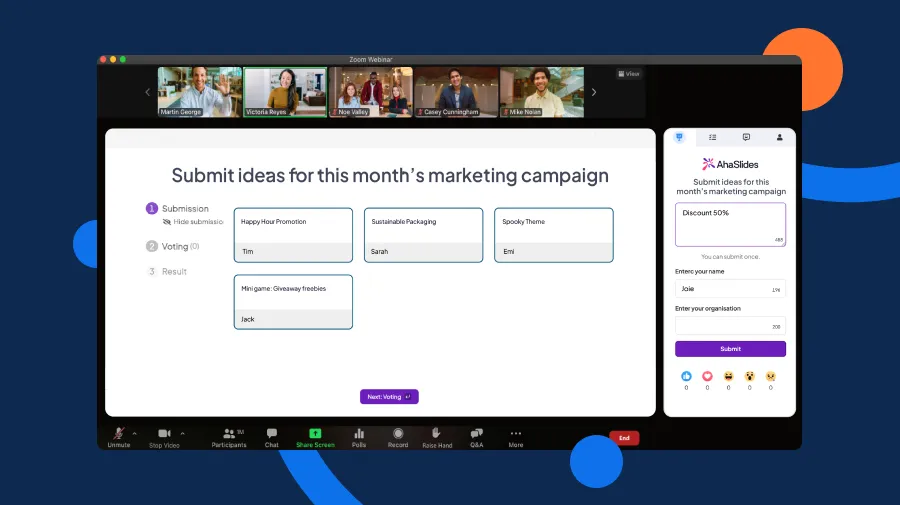 AhaSlides-Brainstorming-Aktivität läuft während eines Zoom-Meetings mit sichtbaren Videoteilnehmern.