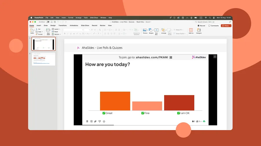 Snímek s anketou AhaSlides zobrazený v desktopové aplikaci PowerPoint s výsledky v sloupcovém grafu.