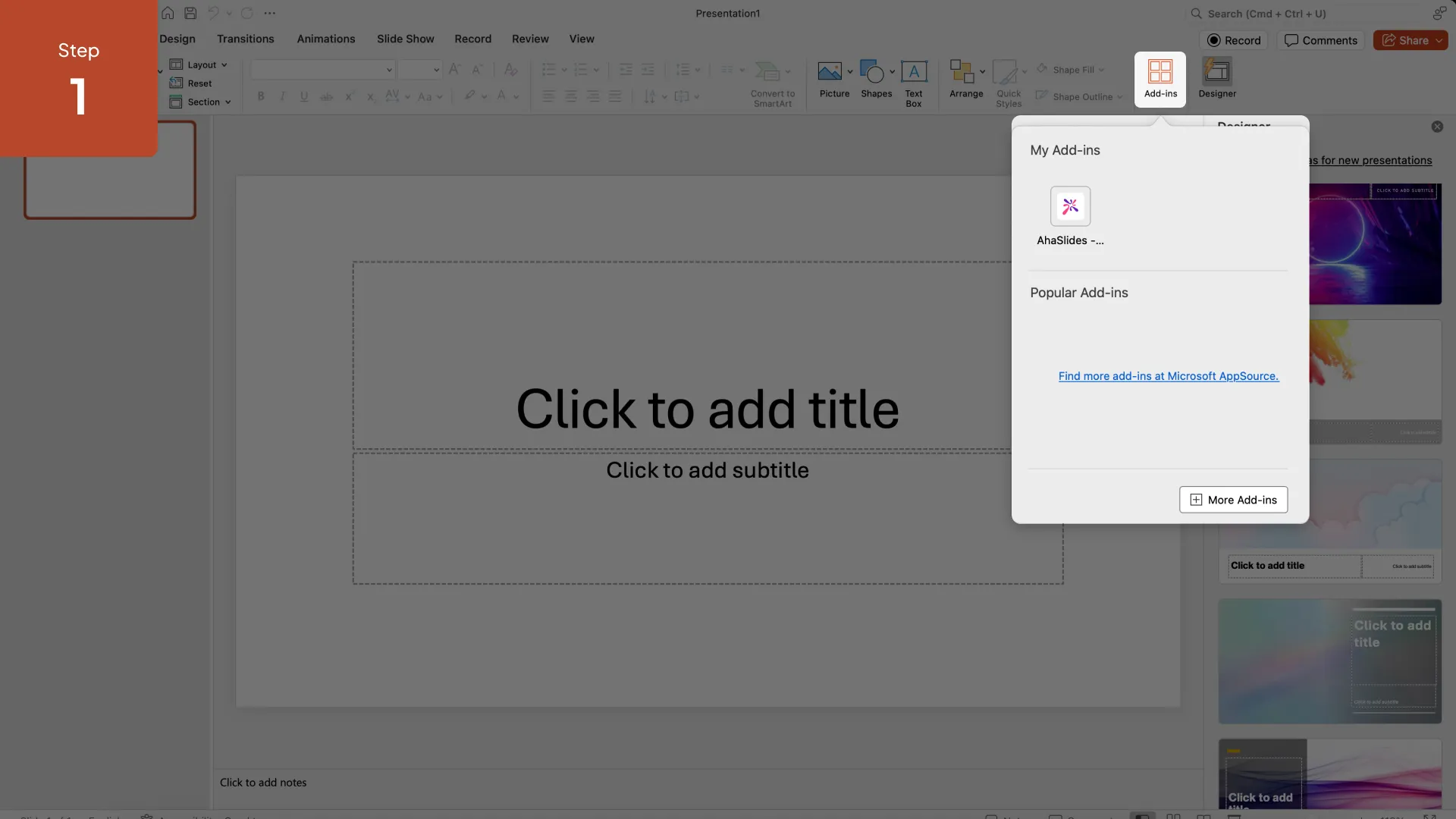 Doplňkový panel AhaSlides otevřený v pásu karet PowerPoint s interaktivními možnostmi snímků.
