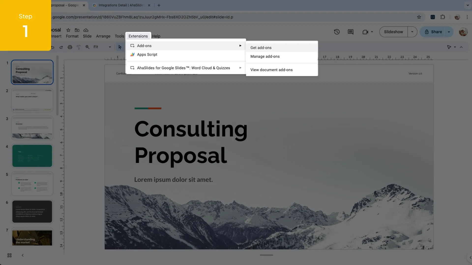 Doplňkový panel AhaSlides otevřený v Google Slides s možnostmi aktivity.