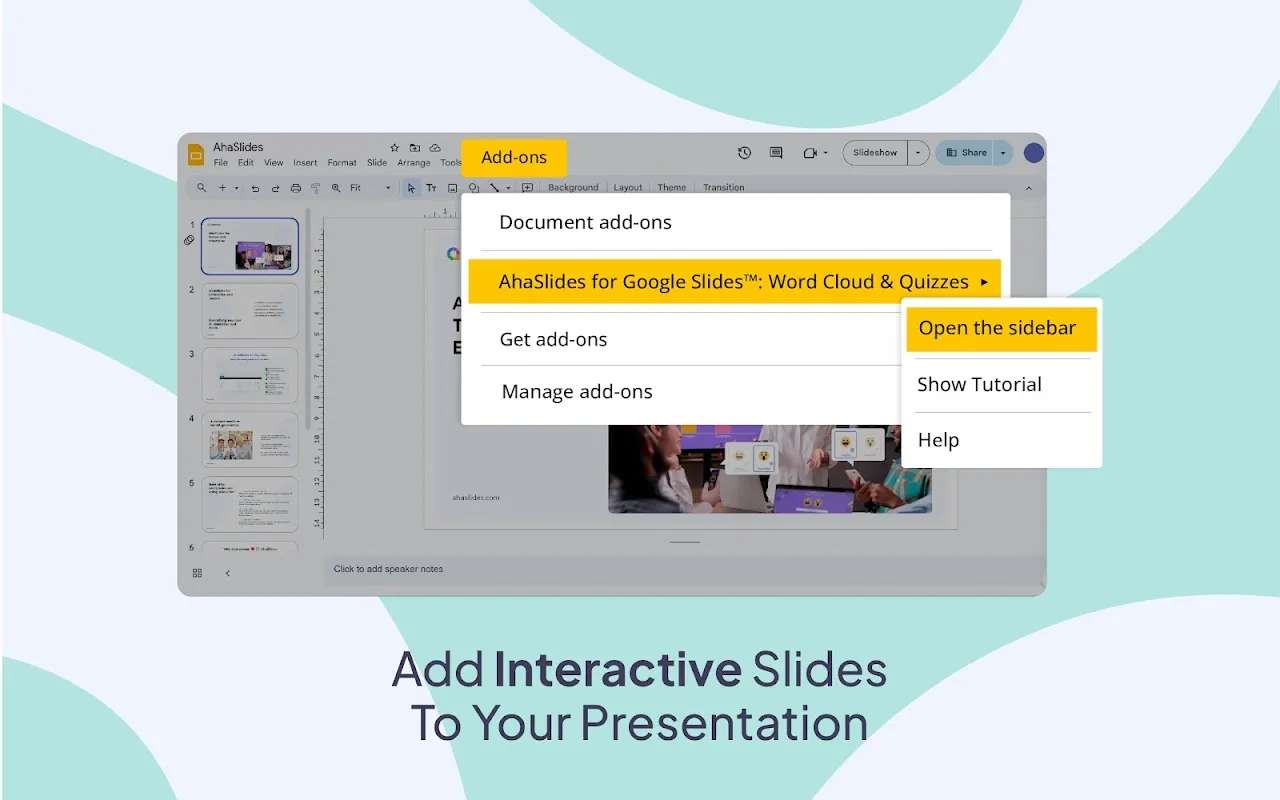 Snímek obrazovky z článku nápovědy ukazující, jak používat doplněk AhaSlides v Google Slides.