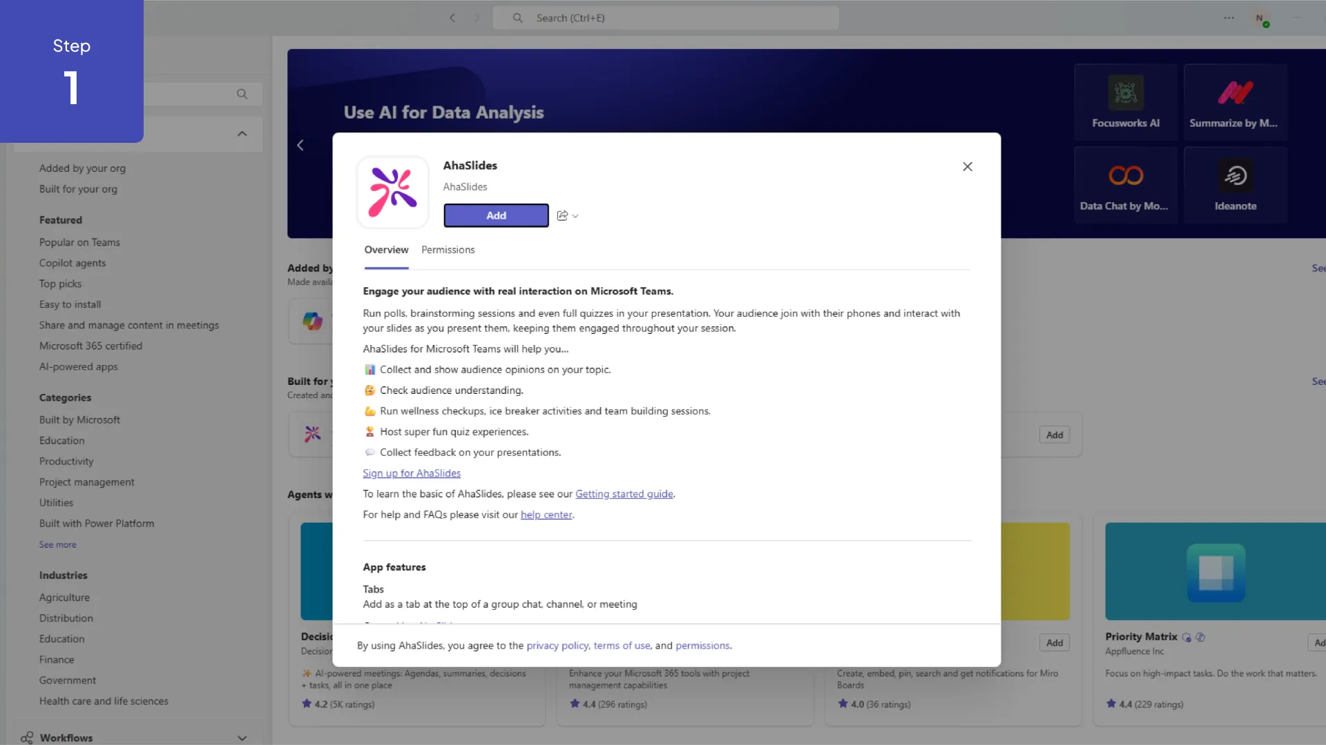 „AhaSlides“ žodžių debesis rodomas „Microsoft Teams“ susitikimų šoninės juostos skydelyje.