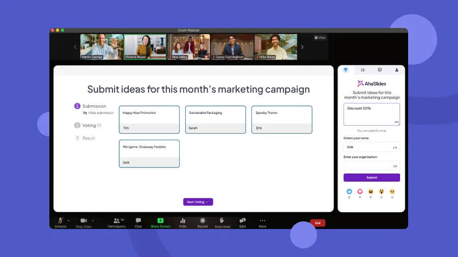 „AhaSlides“ minčių audros veikla, vykdoma „Microsoft Teams“ susitikime, su dalyvių atsakymais.