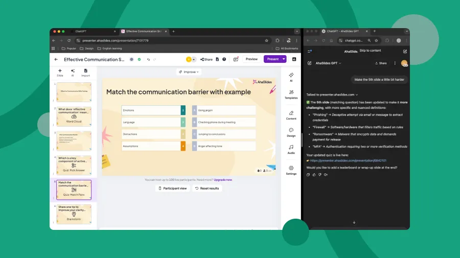 AhaSlides presentation editor open alongside ChatGPT with AI-generated quiz slide content.