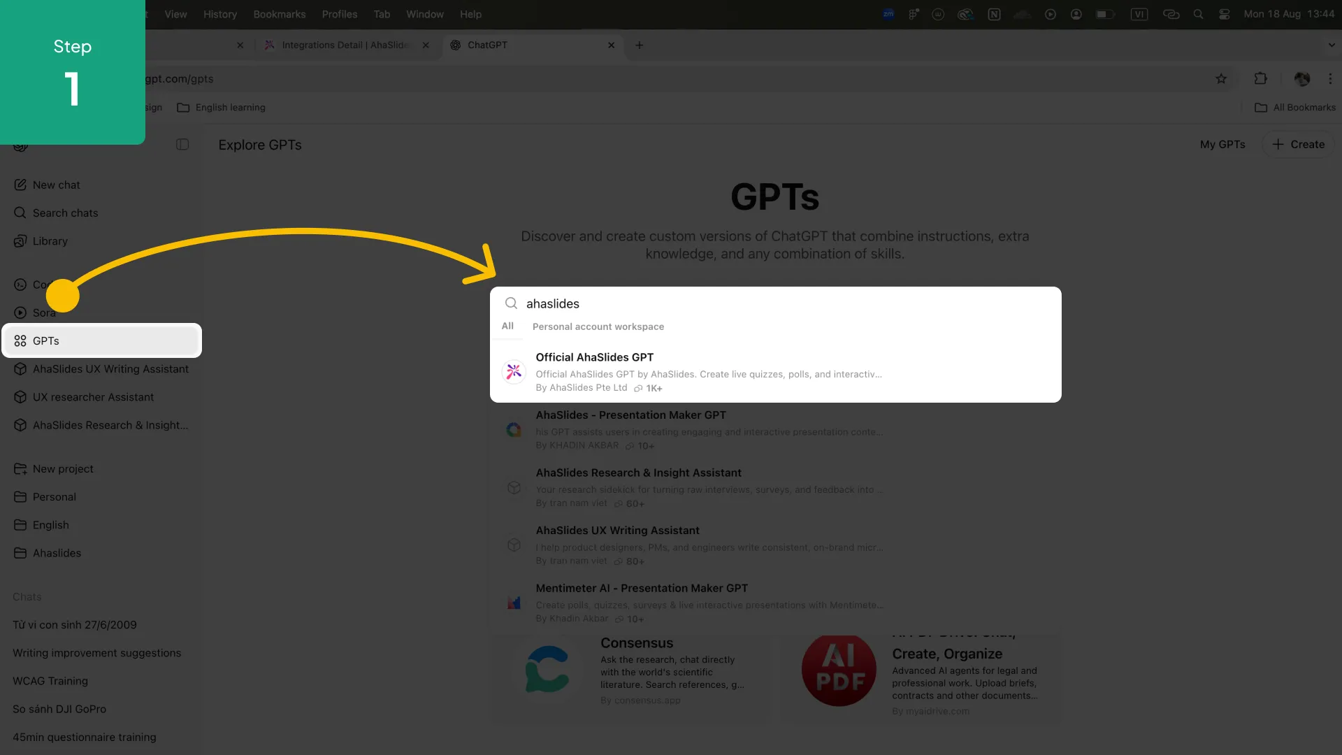 ChatGPT plugin interface showing AhaSlides presentation generation from a text prompt.