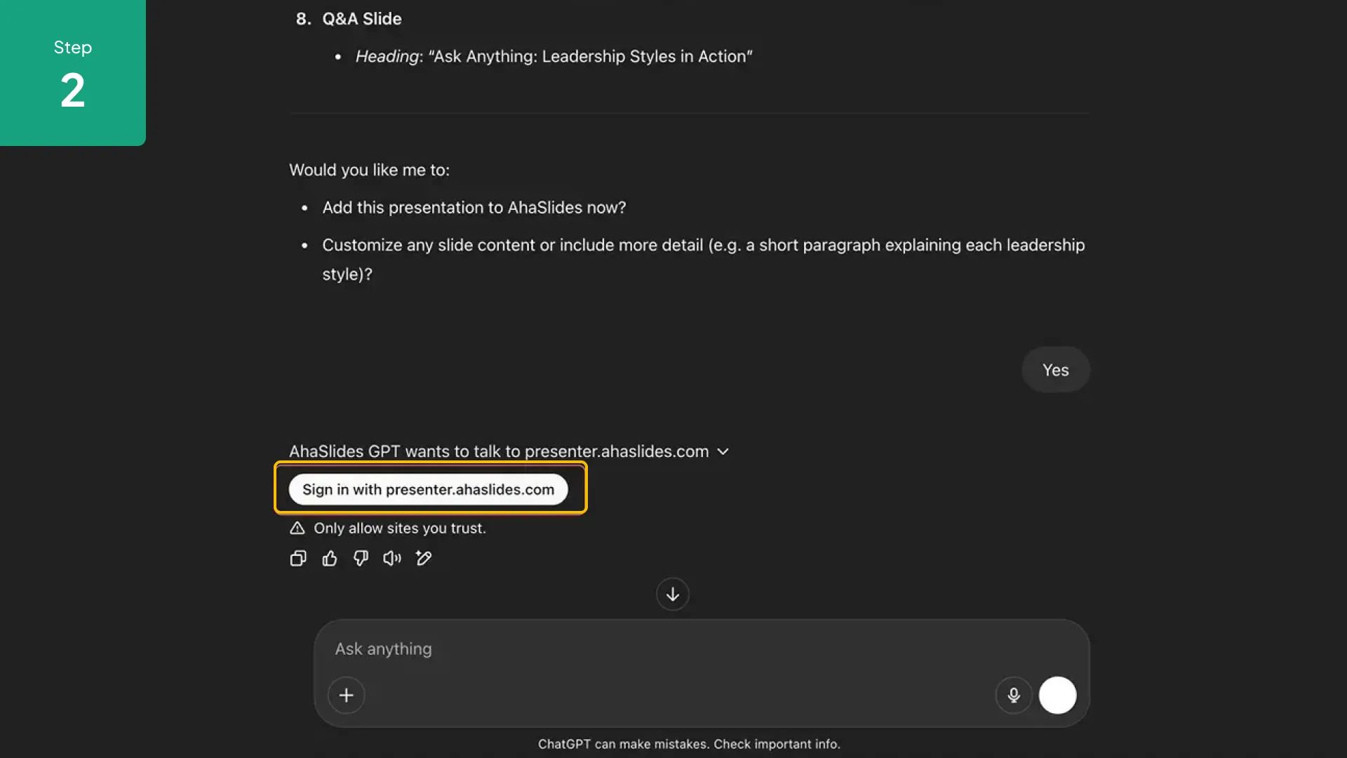 AhaSlides quiz slide created by ChatGPT plugin with multiple-choice questions.