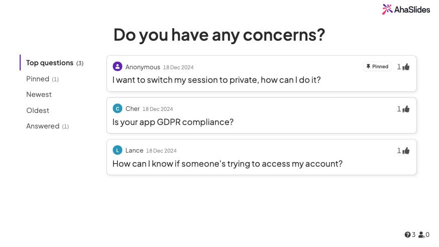a live Q&A session on AhaSlides