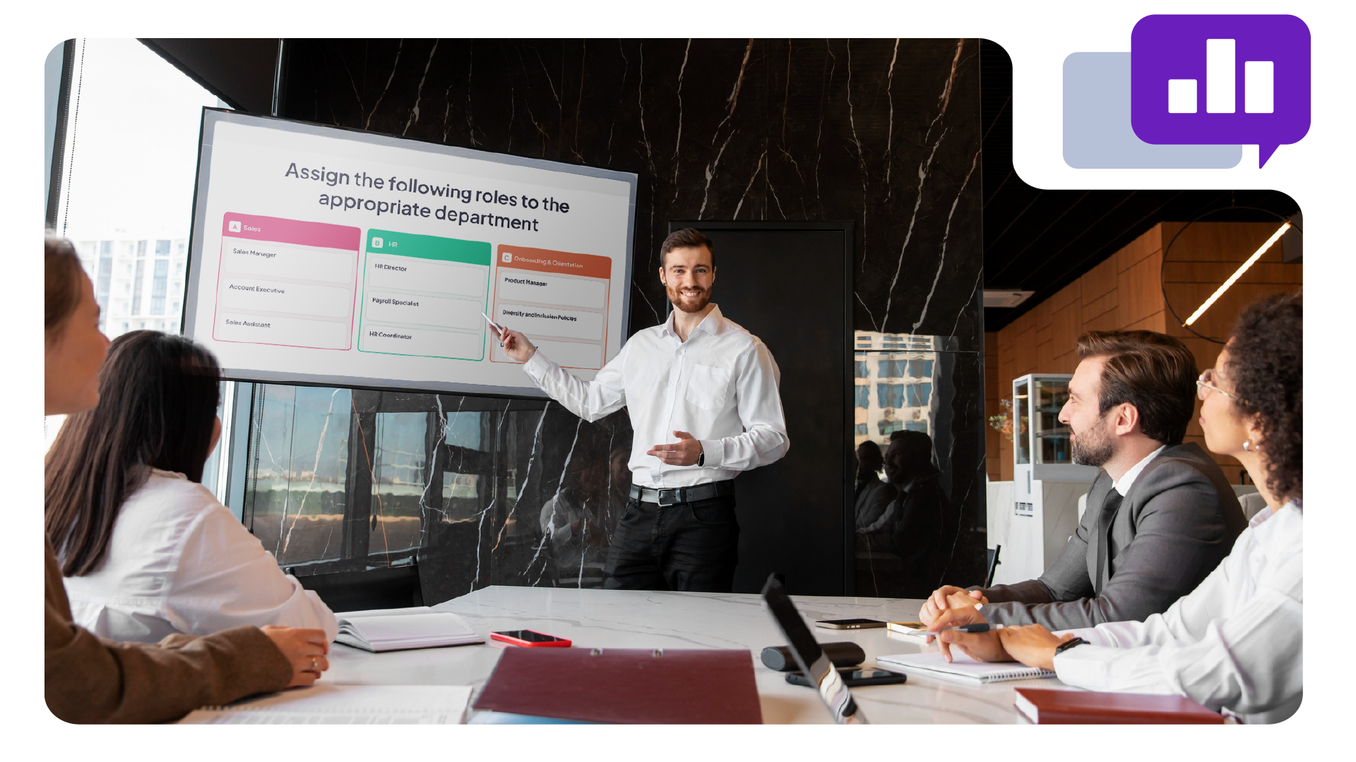 A presenter presenting on AhaSlides interactive presentation during meeting