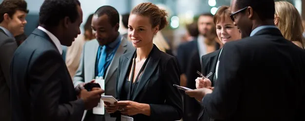 Business conference attendees networking at an event