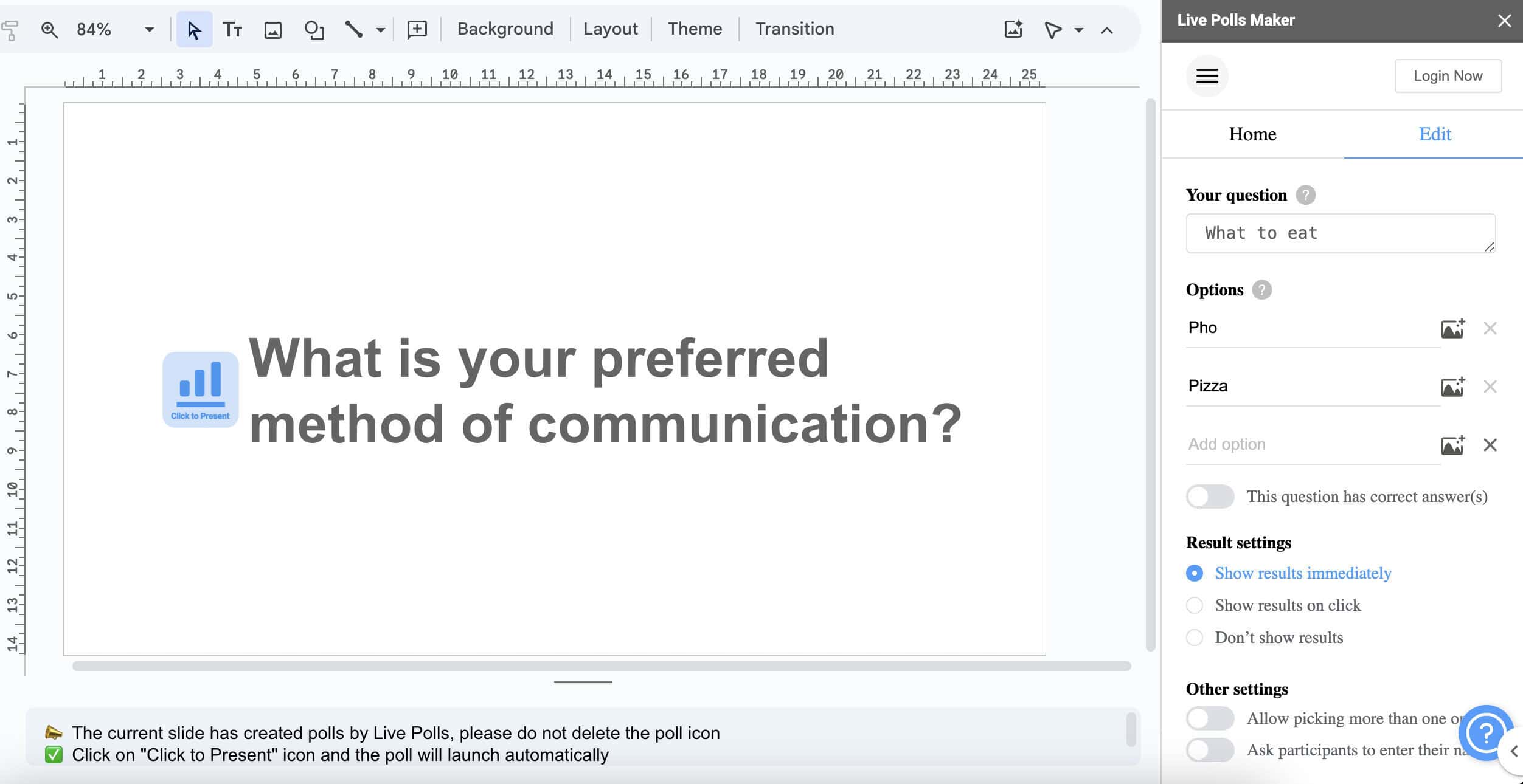 live polls maker interface on Google Slides