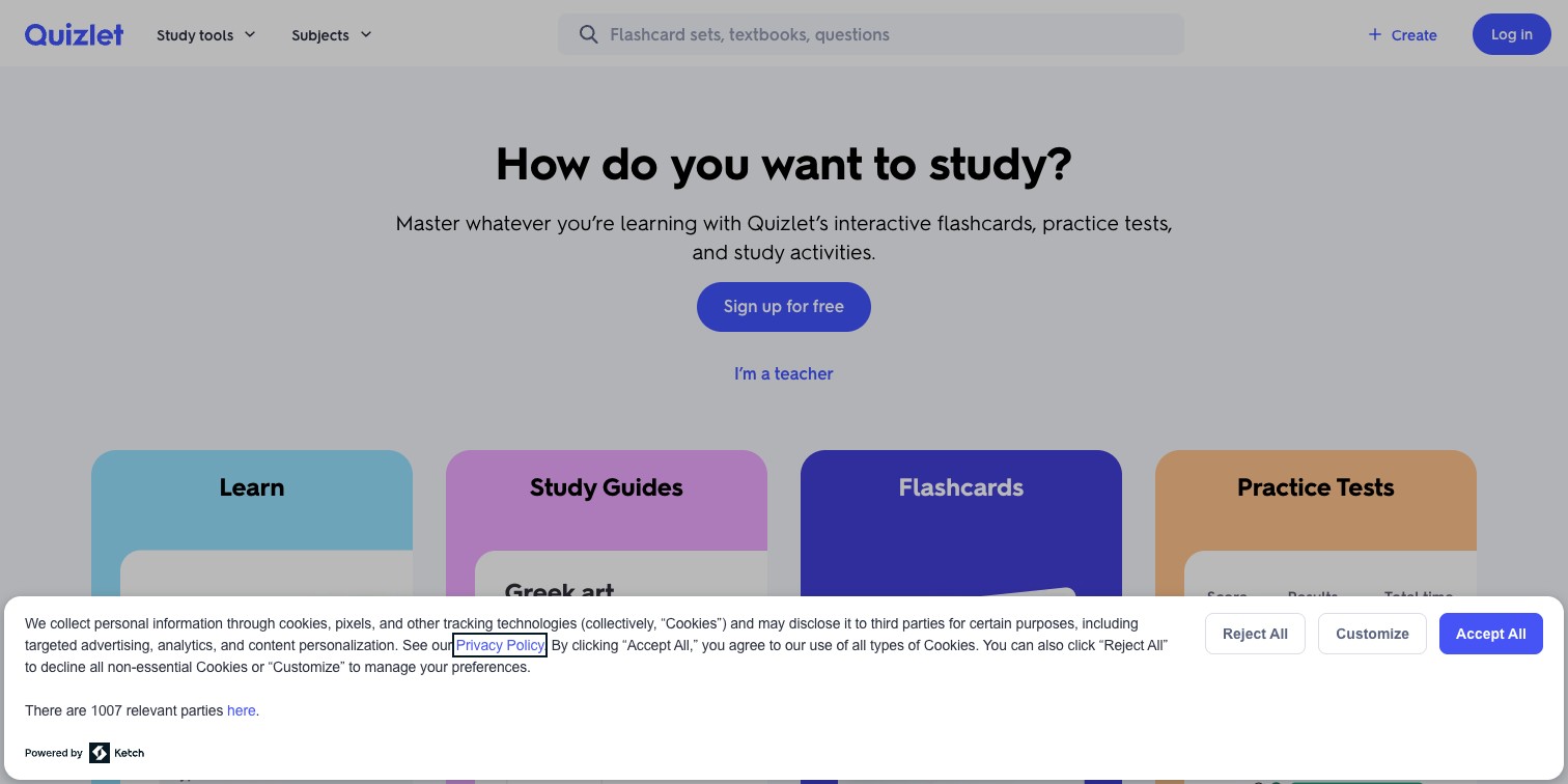 Quizlet learning platform showing flashcard and game modes