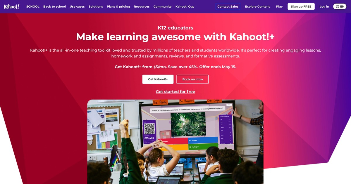 Kahoot schools page showing classroom quiz interface