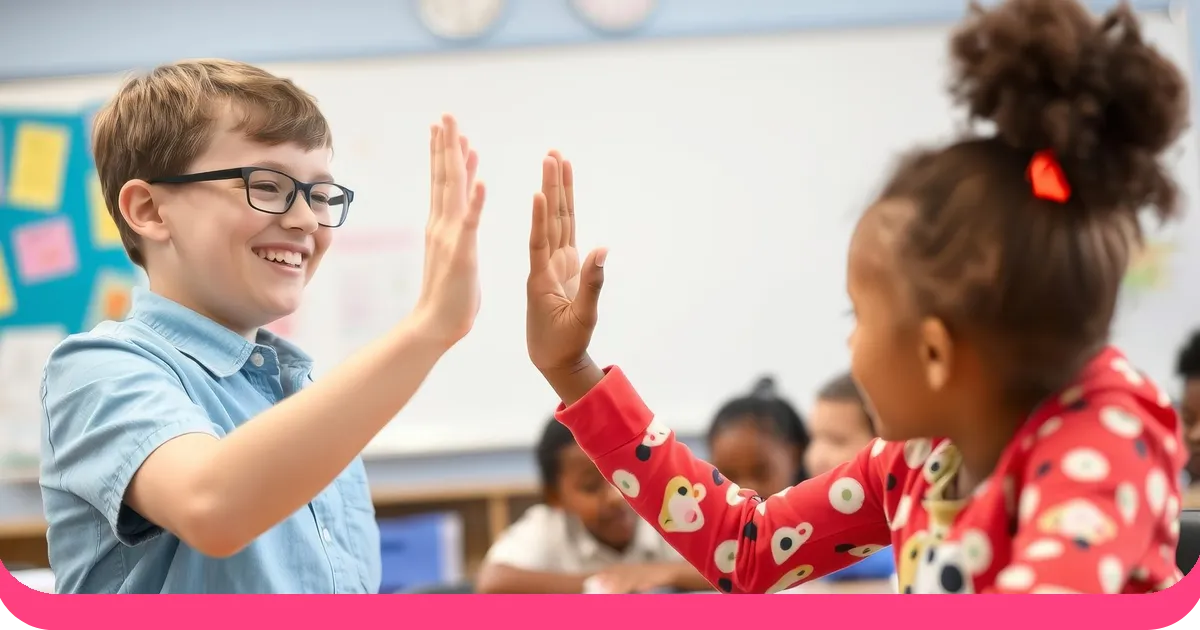 Children playing a quiz game with hands raised in a classroom