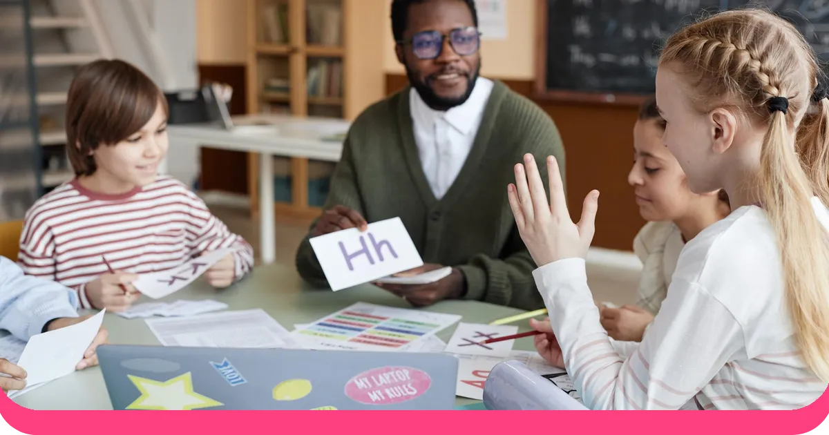 ESL teacher playing language game with students in diverse classroom