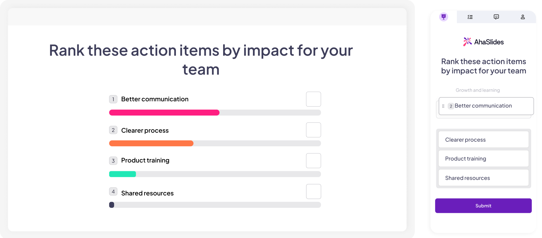 A screen showing participants' questions with the option to upvote and mark as answered on AhaSlides