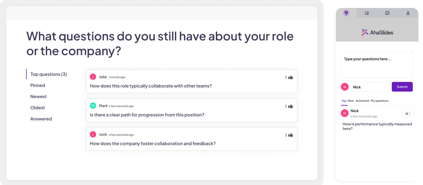 A screen showing participants' questions with the option to upvote and mark as answered on AhaSlides