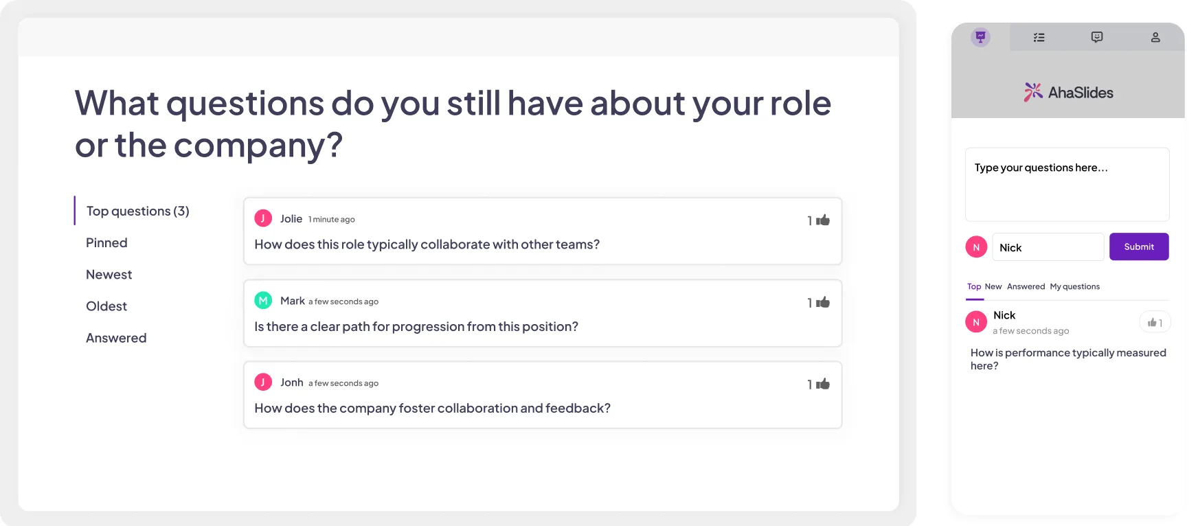 A screen showing participants' questions with the option to upvote and mark as answered on AhaSlides