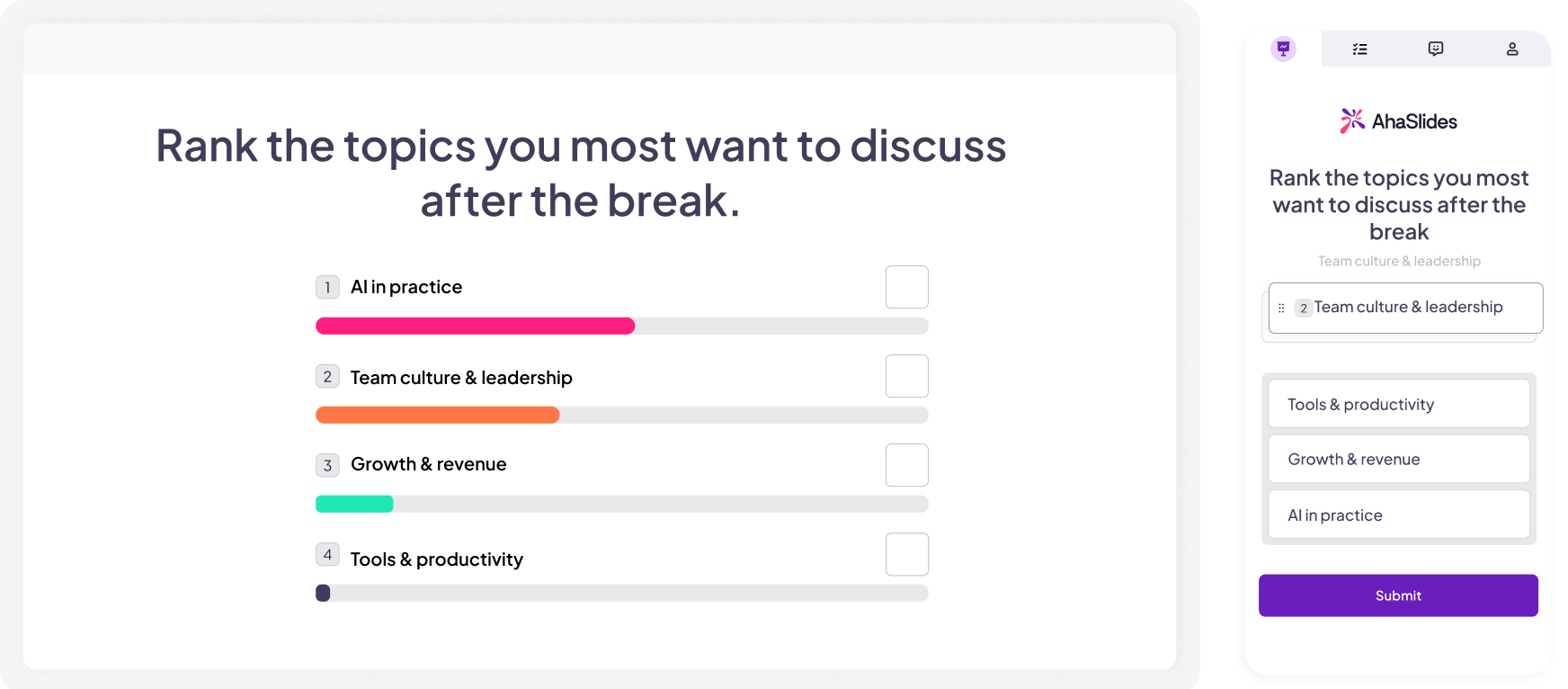 A screen showing participants' questions with the option to upvote and mark as answered on AhaSlides