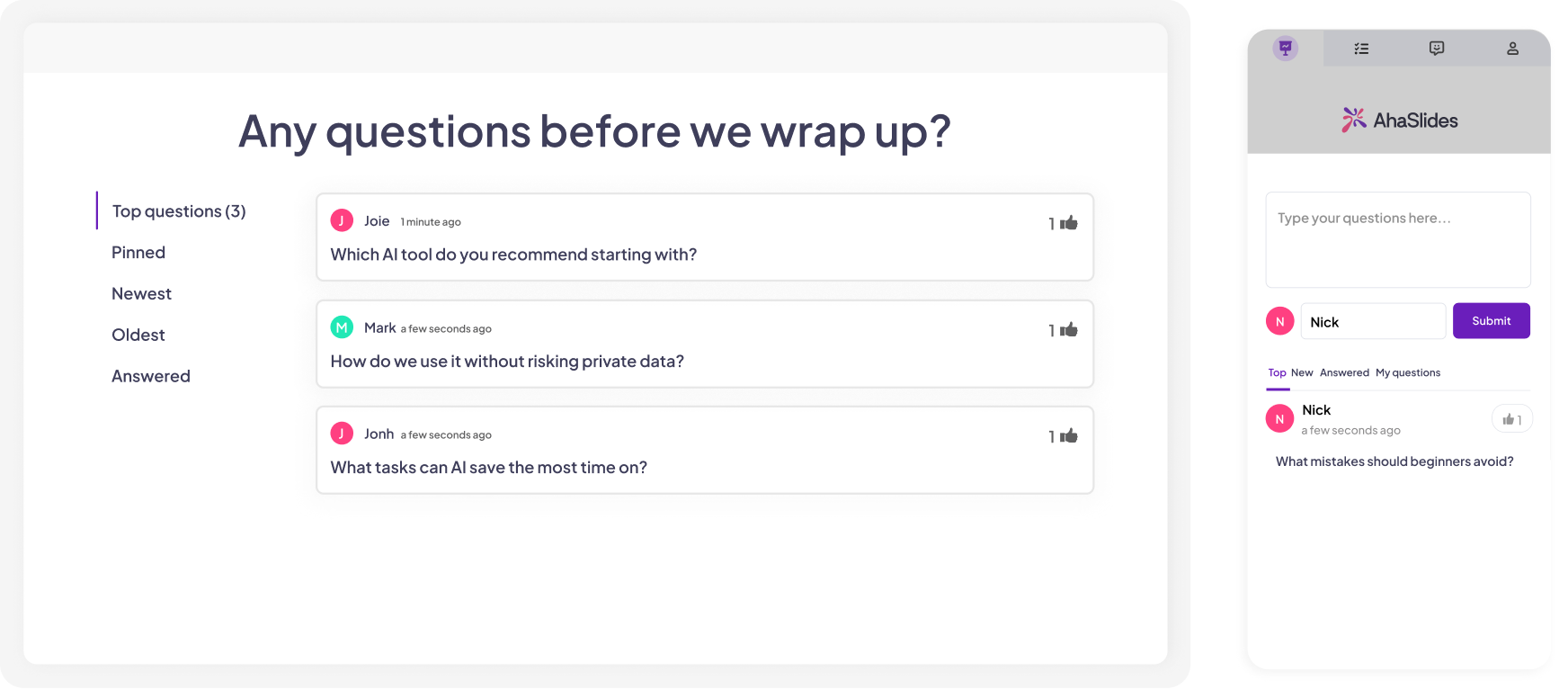 A screen showing participants' questions with the option to upvote and mark as answered on AhaSlides