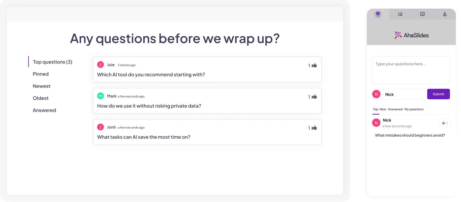 A screen showing participants' questions with the option to upvote and mark as answered on AhaSlides