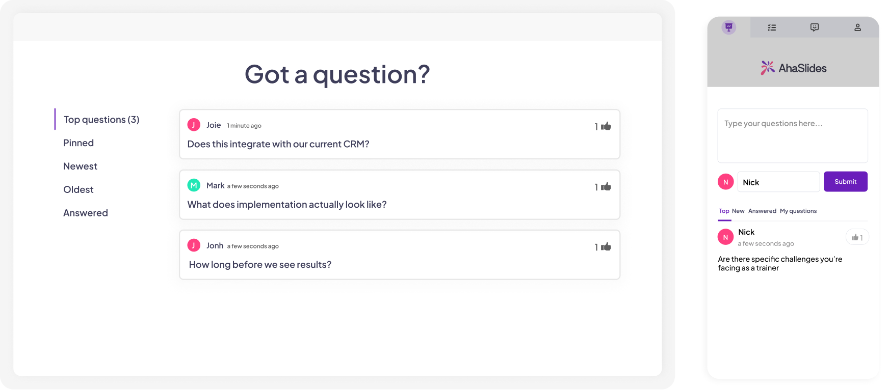 A screen showing participants' questions with the option to upvote and mark as answered on AhaSlides