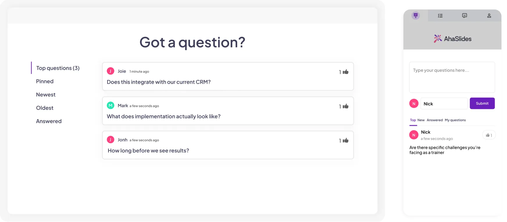 A screen showing participants' questions with the option to upvote and mark as answered on AhaSlides