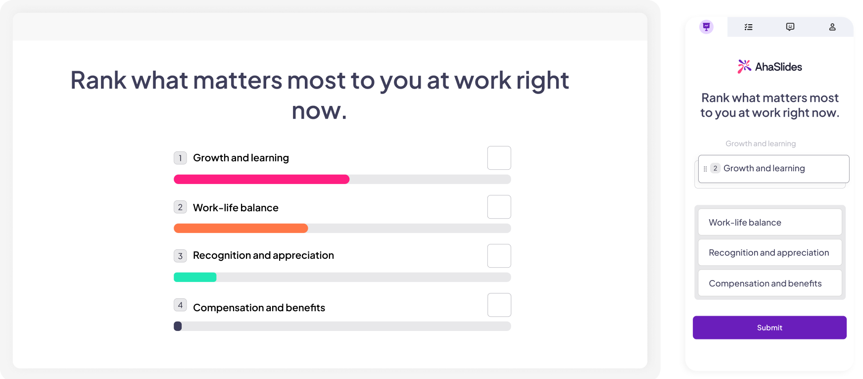 A screen showing participants' questions with the option to upvote and mark as answered on AhaSlides