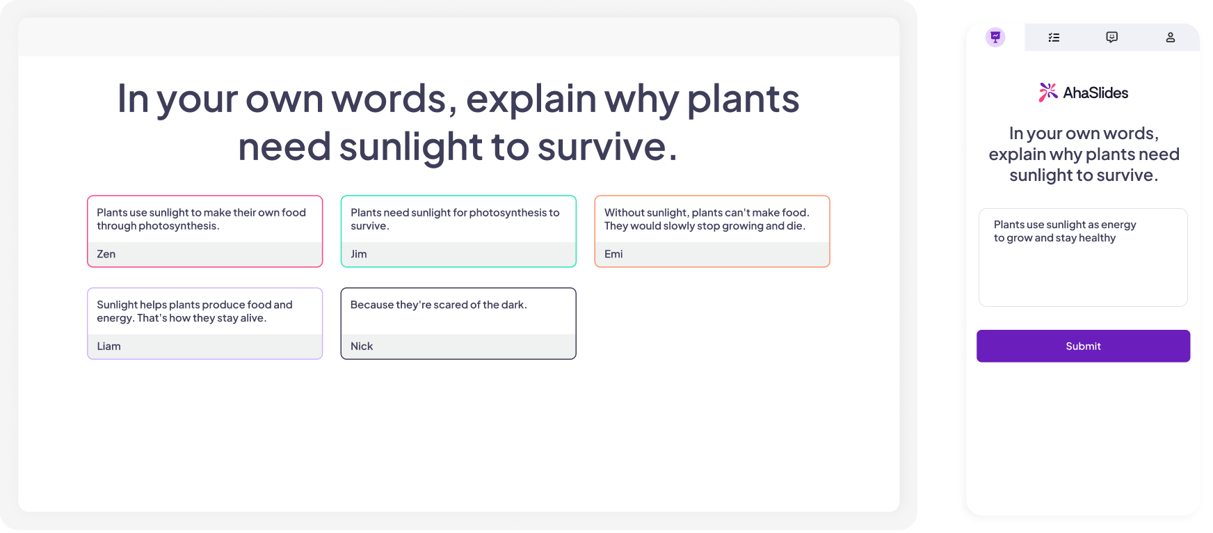 A screen showing participants' questions with the option to upvote and mark as answered on AhaSlides