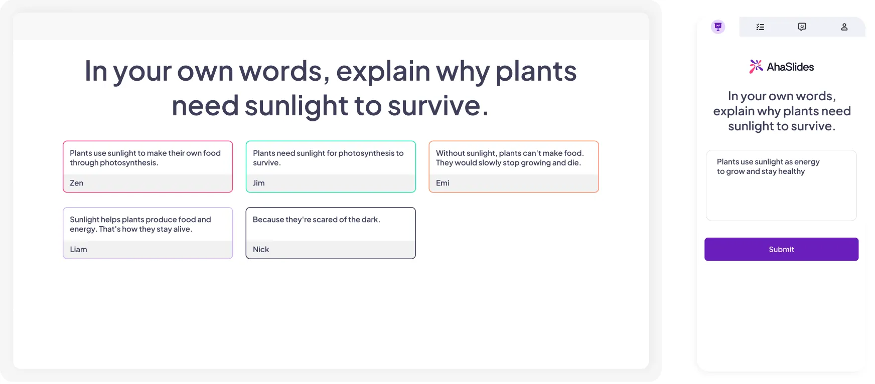 A screen showing participants' questions with the option to upvote and mark as answered on AhaSlides