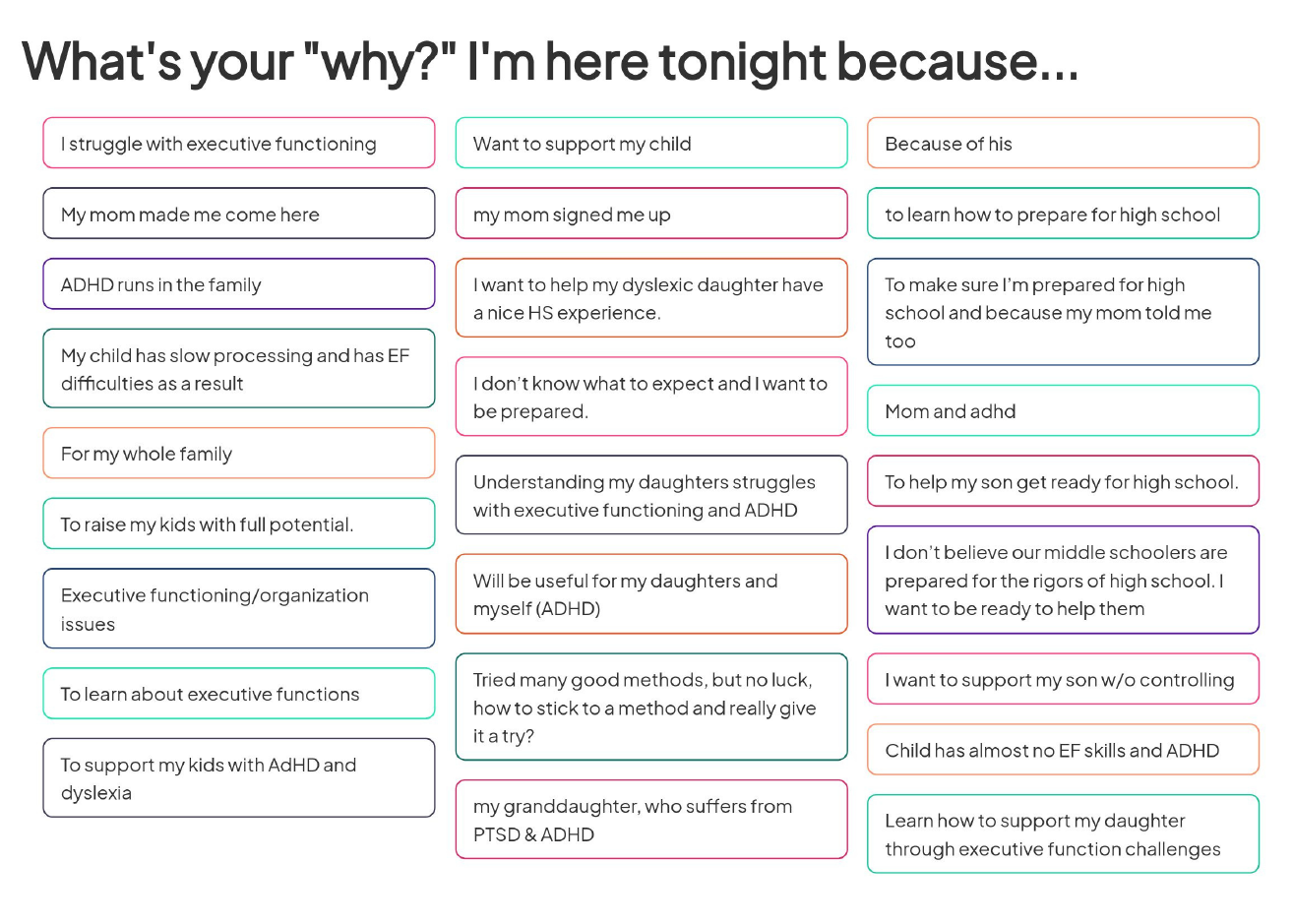 A open-ended slide with participants responses on why they are here