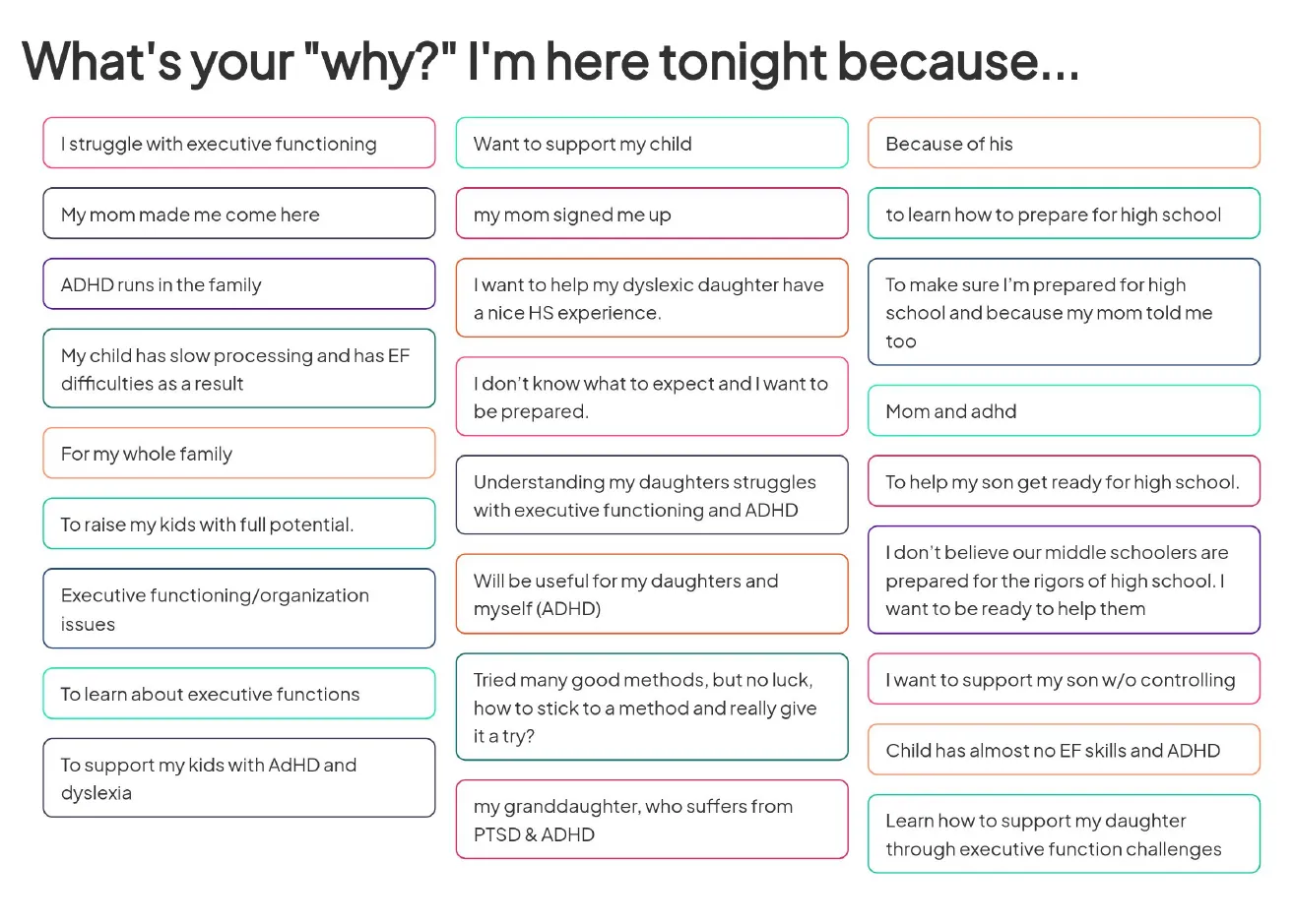 A open-ended slide with participants responses on why they are here