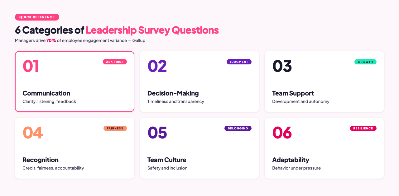 Infographic showing the 6 categories of leadership survey questions