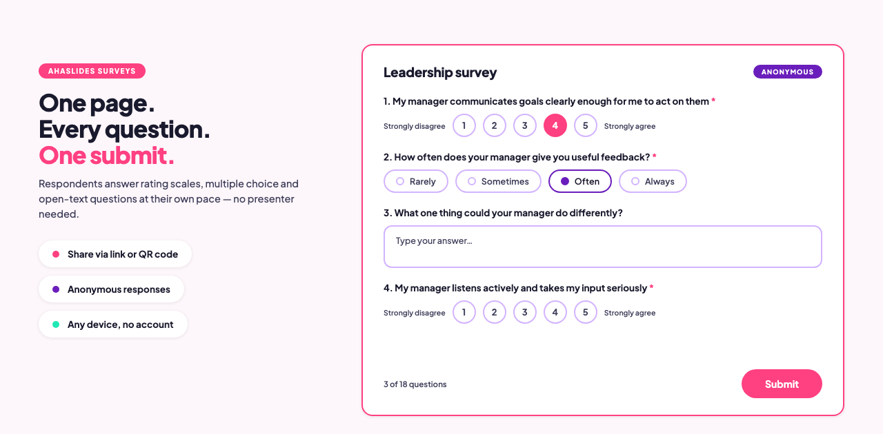 AhaSlides survey form with rating scale, multiple choice and open-ended leadership questions on one page