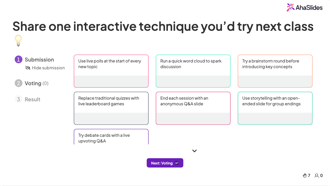 AhaSlides brainstorm slide showing interactive technique ideas from teachers