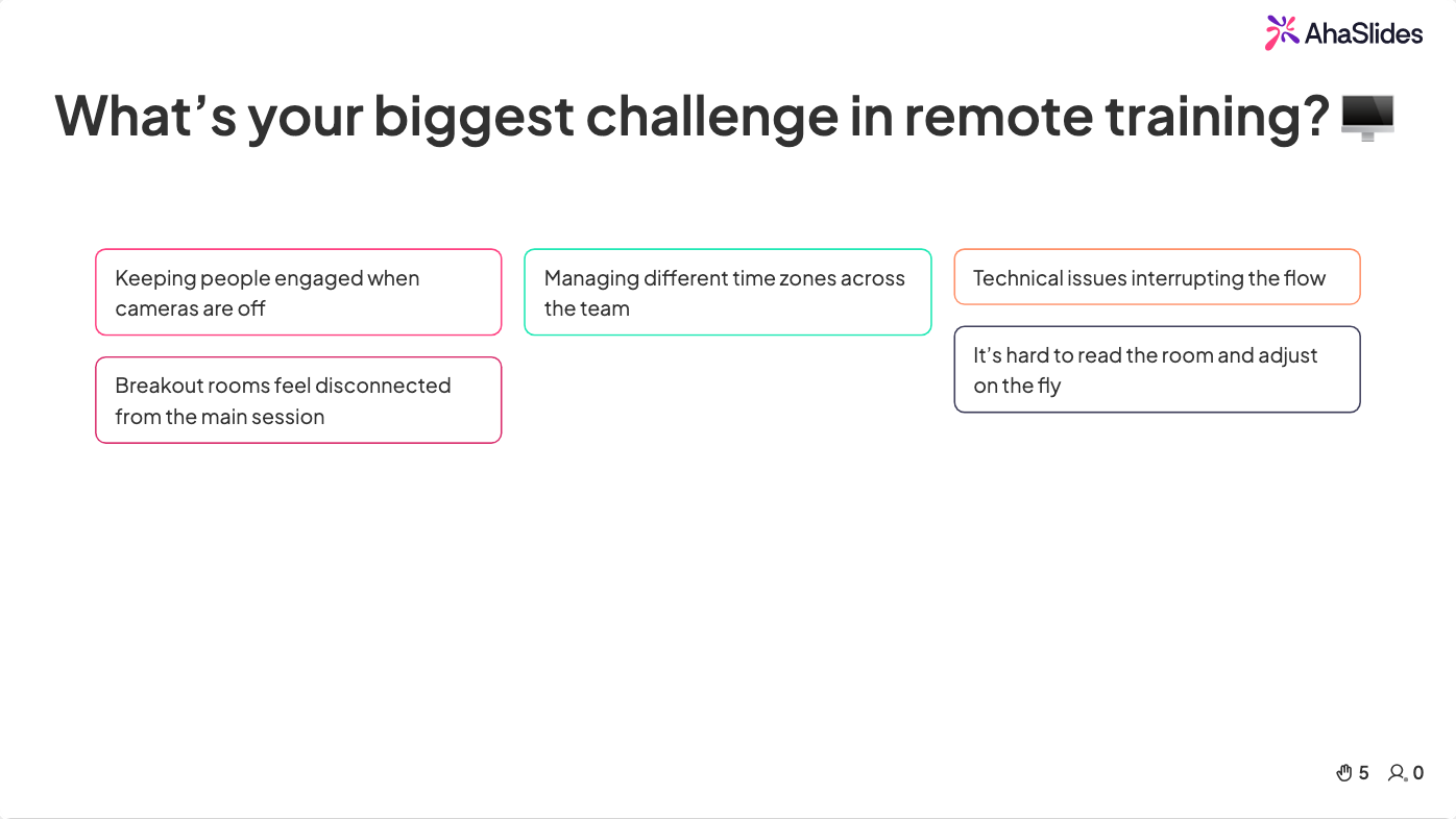 AhaSlides open-ended slide showing remote training challenges from participants