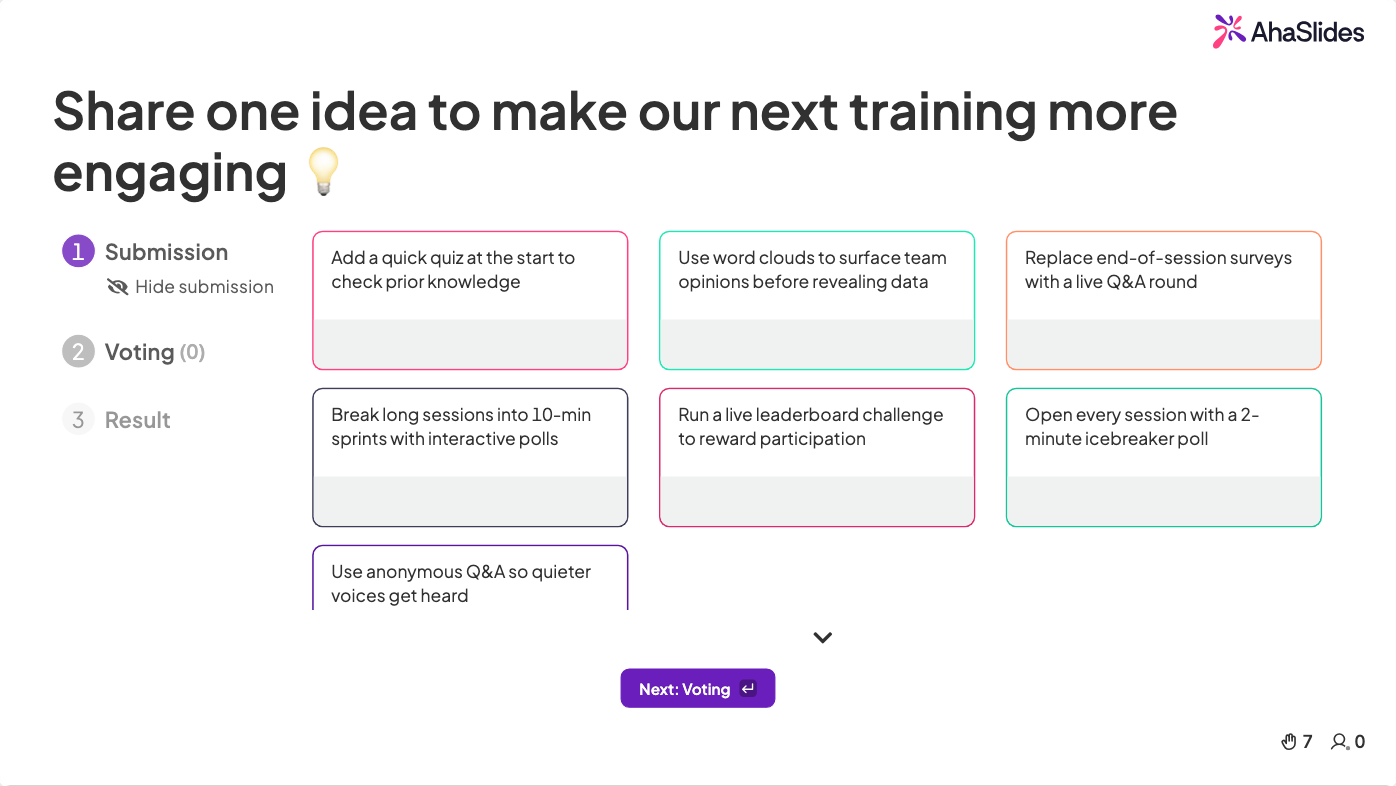 AhaSlides brainstorm slide showing team ideas for improving training sessions