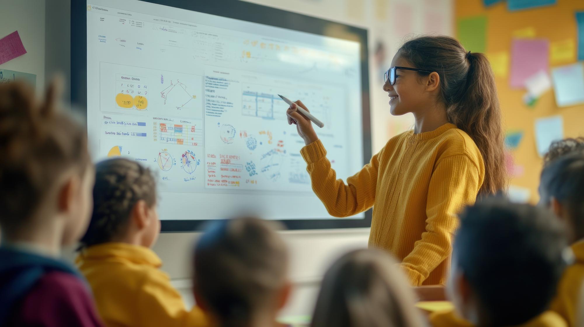 A teacher using an interactive presentation tool with students in a modern classroom