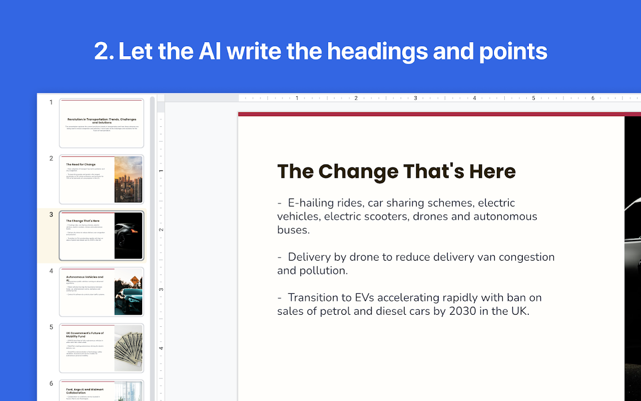 SlidesAI interface showing AI-generated Google Slides presentation