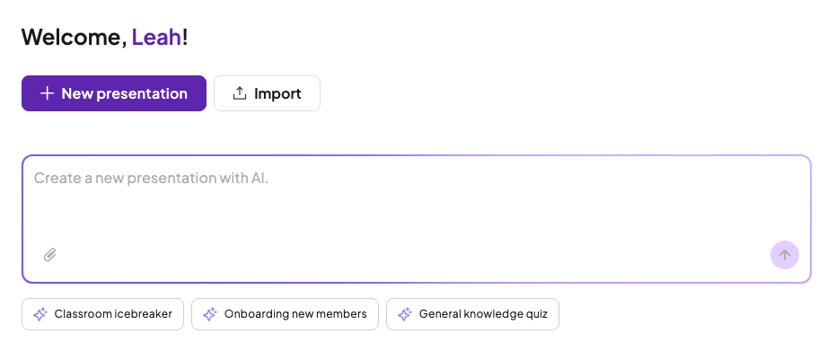 AhaSlides AI presentation creator interface showing prompt box and quick-start templates