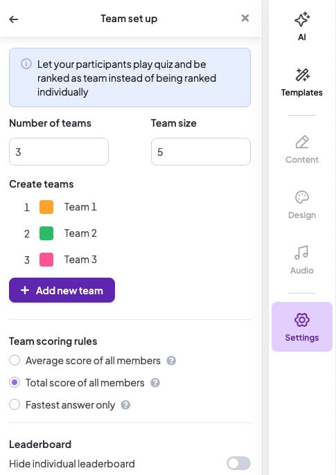 ahaslides 團隊測驗設置