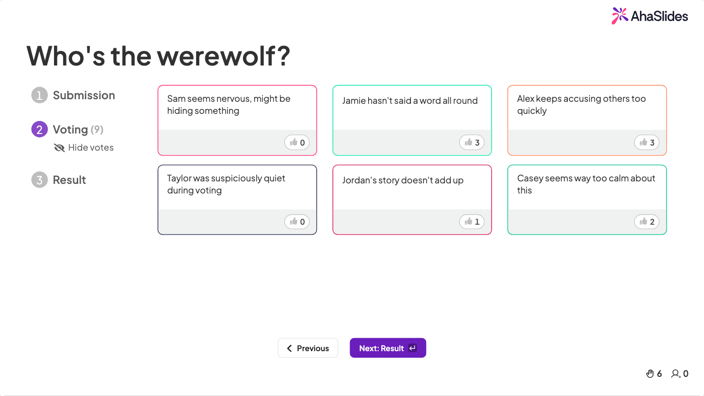 AhaSlides brainstorming slajd ve fázi hlasování pro hru Werewolf icebreaker