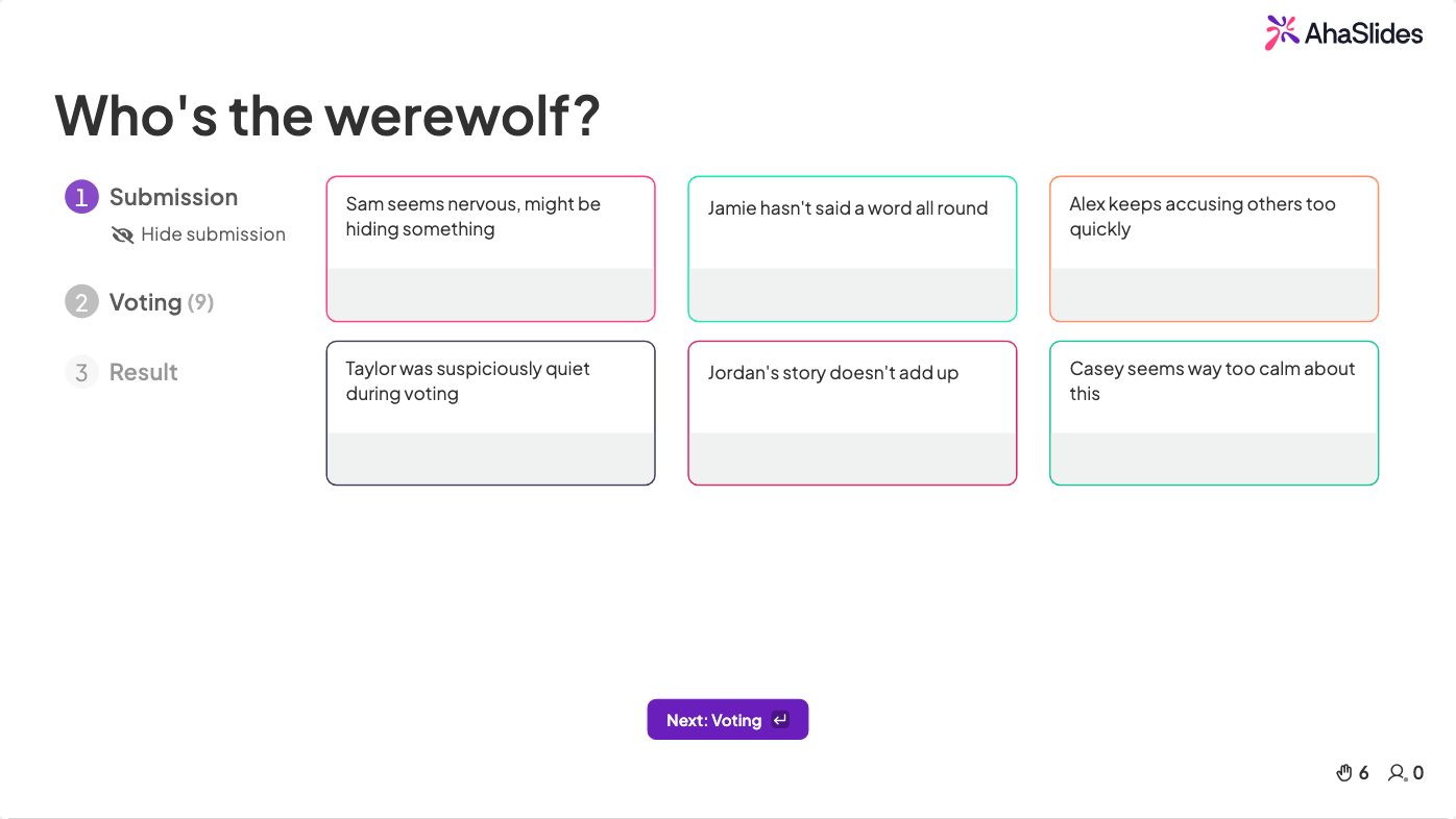 AhaSlides brainstorming slajd ve fázi odevzdání pro hru Werewolf icebreaker