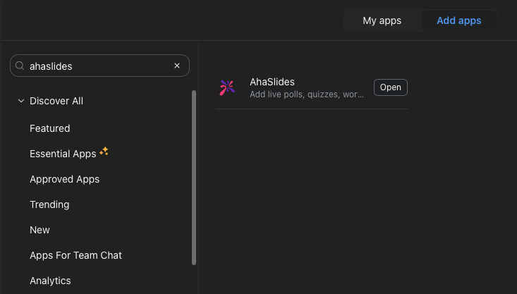 Hledání AhaSlides na trhu s aplikacemi Zoom