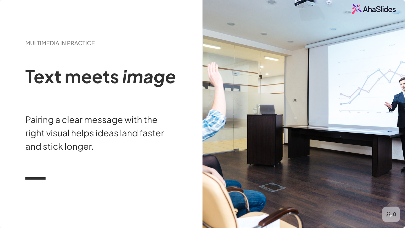 AhaSlides Content V2 slide combining a title, body text, and a photo side by side