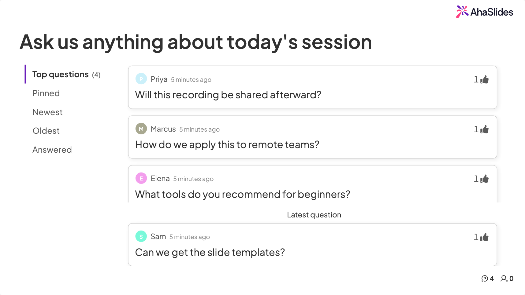 AhaSlides live Q&A slide with audience-submitted questions